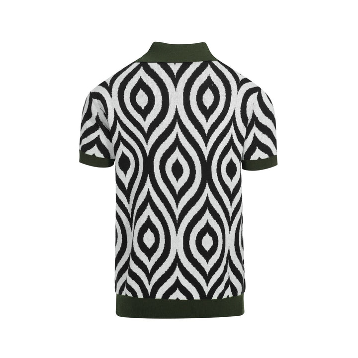 Men's Retro Knit Polo – Vintage Black & White Geometric with Green Trims