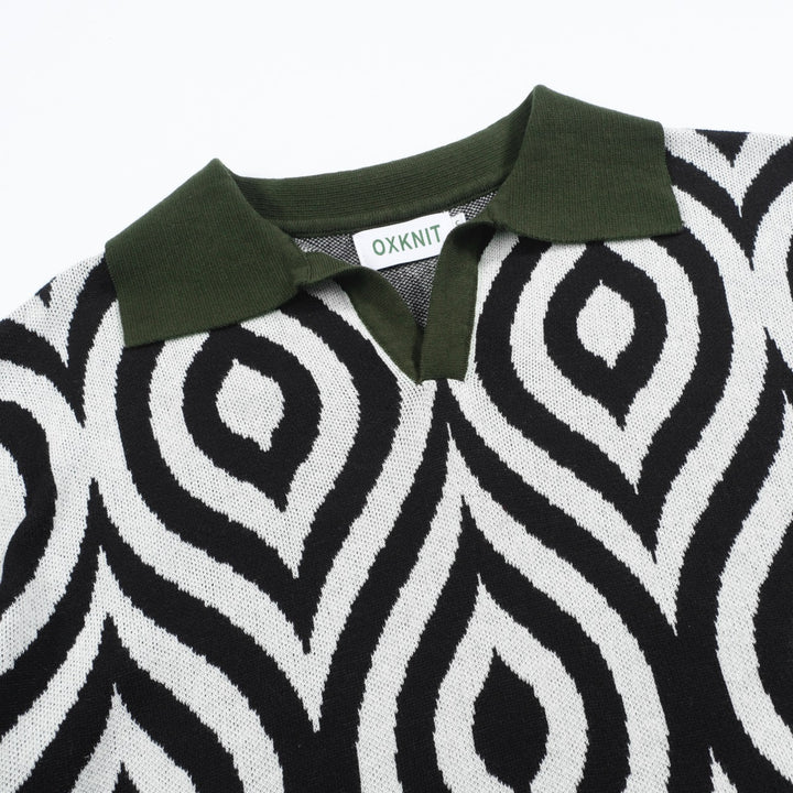 Men's Retro Knit Polo – Vintage Black & White Geometric with Green Trims