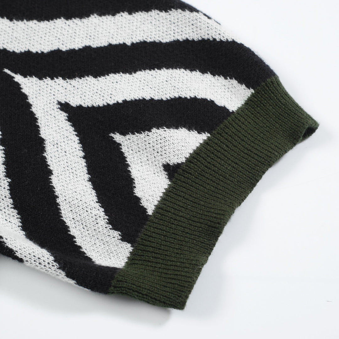 Men's Retro Knit Polo – Vintage Black & White Geometric with Green Trims