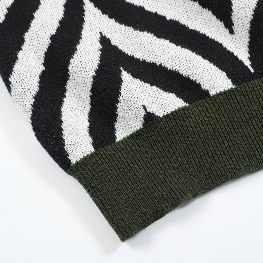 Men's Retro Knit Polo – Vintage Black & White Geometric with Green Trims