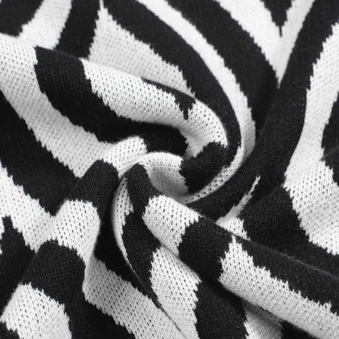 Men's Retro Knit Polo – Vintage Black & White Geometric with Green Trims