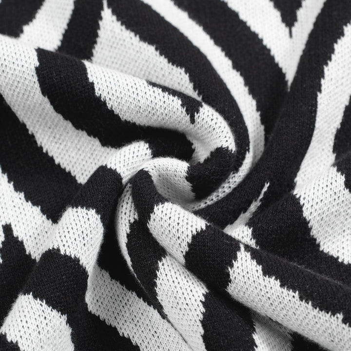 Men's Retro Knit Polo – Vintage Black & White Geometric with Green Trims