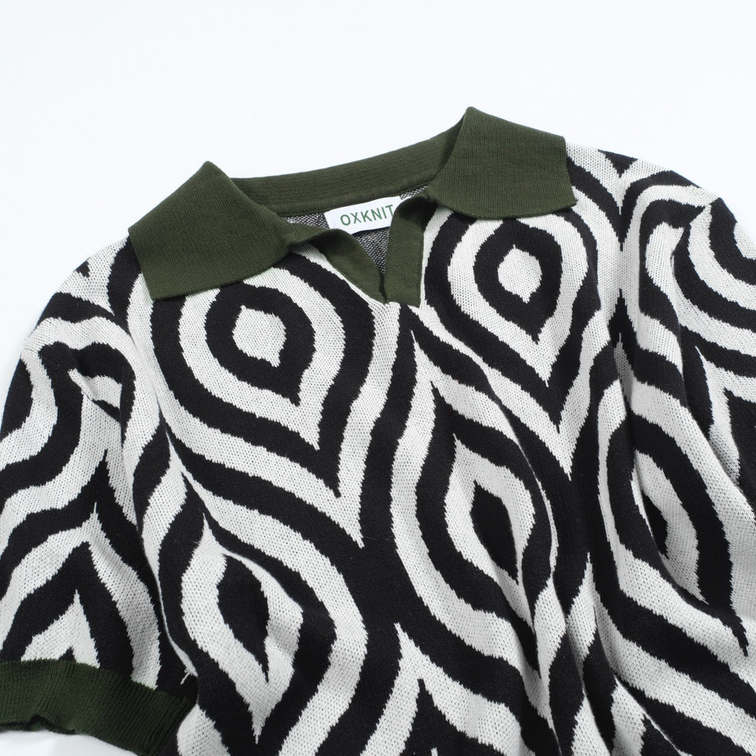 Men's Retro Knit Polo – Vintage Black & White Geometric with Green Trims
