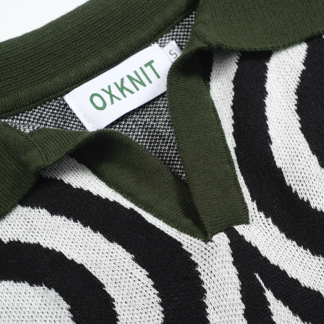 Men's Retro Knit Polo – Vintage Black & White Geometric with Green Trims
