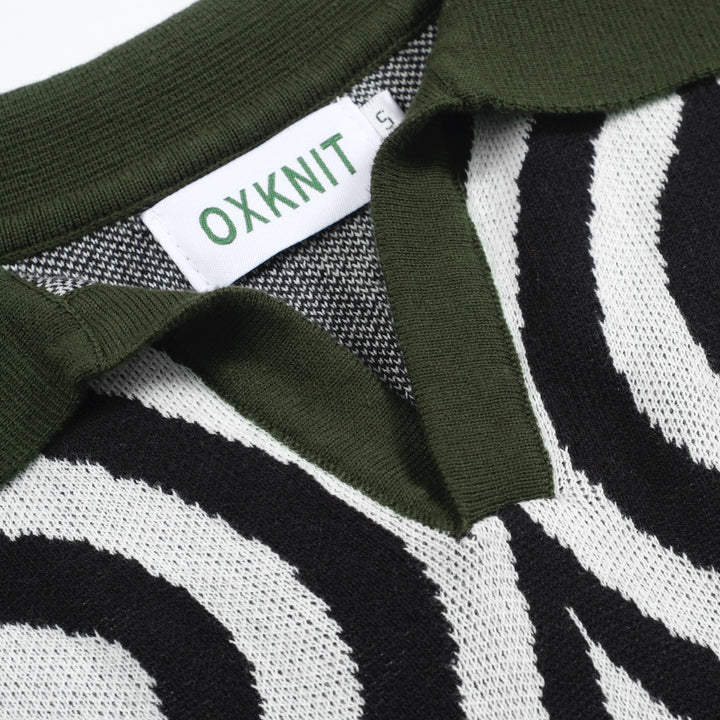 Men's Retro Knit Polo – Vintage Black & White Geometric with Green Trims
