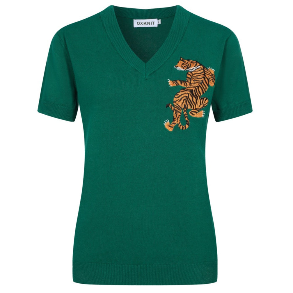 Women’s Vintage animal Knit Tee – Green V-Neck Top with Embroidered Detail