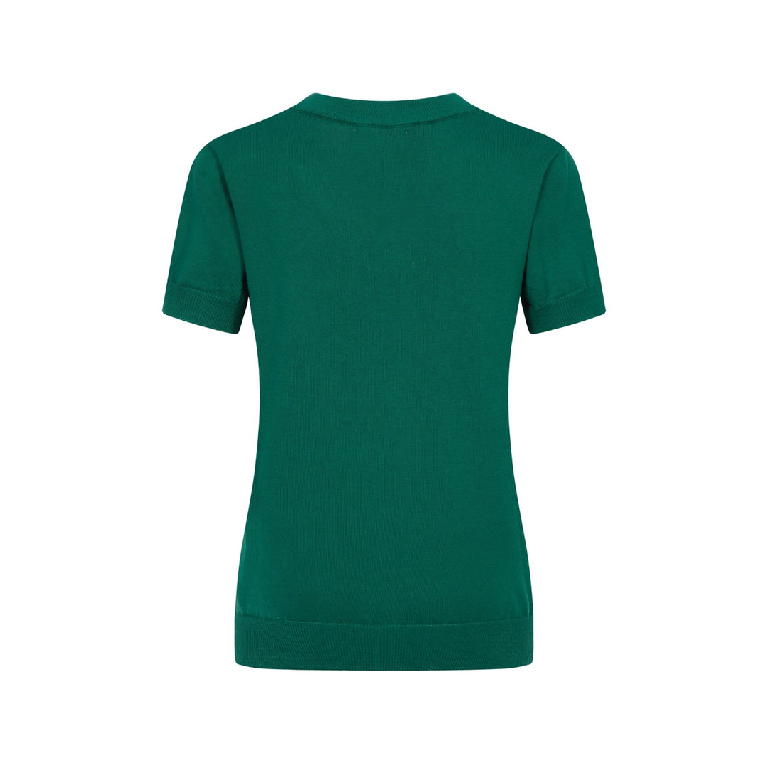 Women’s Vintage animal Knit Tee – Green V-Neck Top with Embroidered Detail