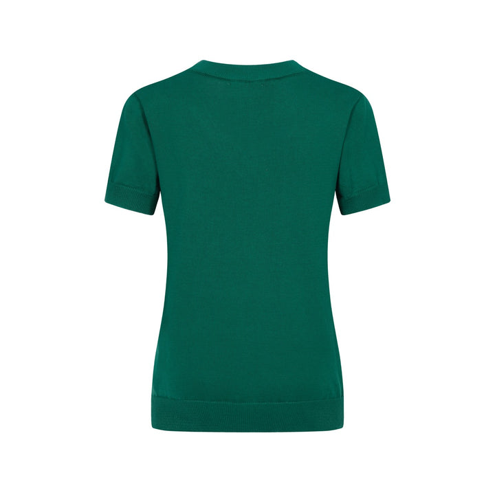 Women’s Vintage animal Knit Tee – Green V-Neck Top with Embroidered Detail
