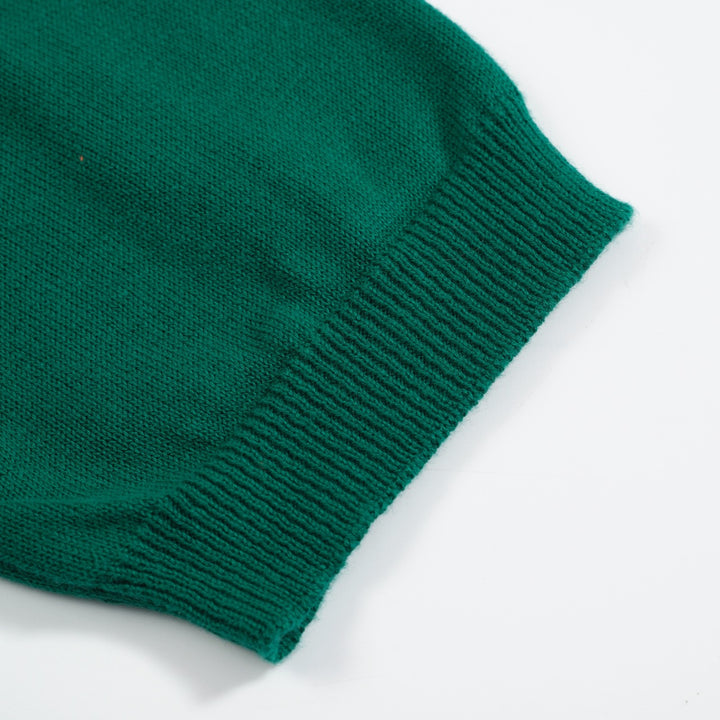 Women’s Vintage animal Knit Tee – Green V-Neck Top with Embroidered Detail