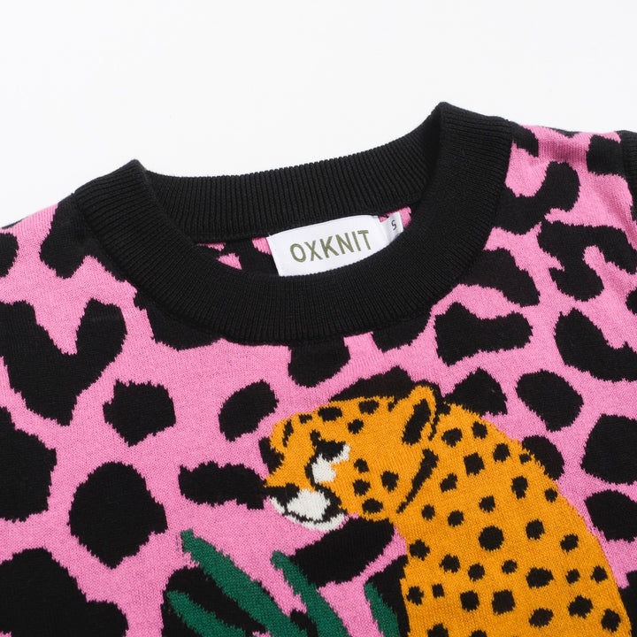 Women’s Pink Leopard Print Knit Set with Leopard and Plant Graphic