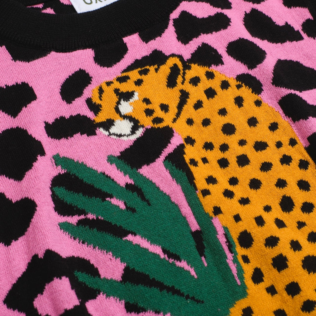 Women’s Pink Leopard Print Knit Set with Leopard and Plant Graphic