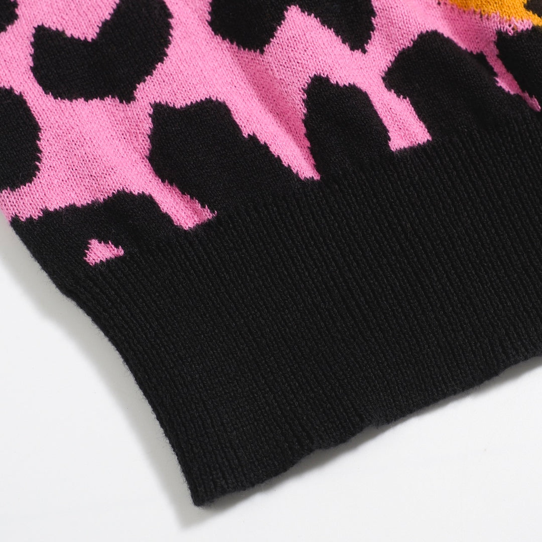 Women’s Pink Leopard Print Knit Set with Leopard and Plant Graphic