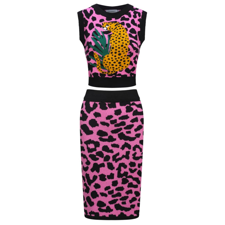 Women’s Pink Leopard Print Knit Set with Leopard and Plant Graphic