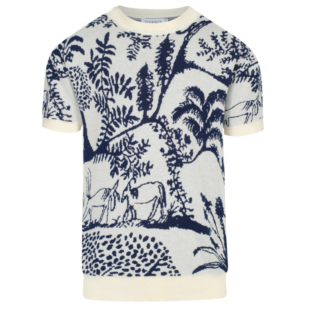 Men's Scenic Pastoral Knit Tee – Blue & Cream Vintage Nature Graphic Shirt
