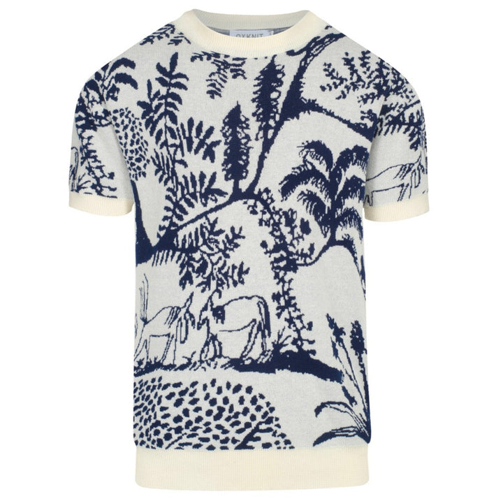 Scenic Pastoral Strick-T-Shirt für Herren – Blau & Cremefarbenes Shirt mit Vintage-Natur-Grafik
