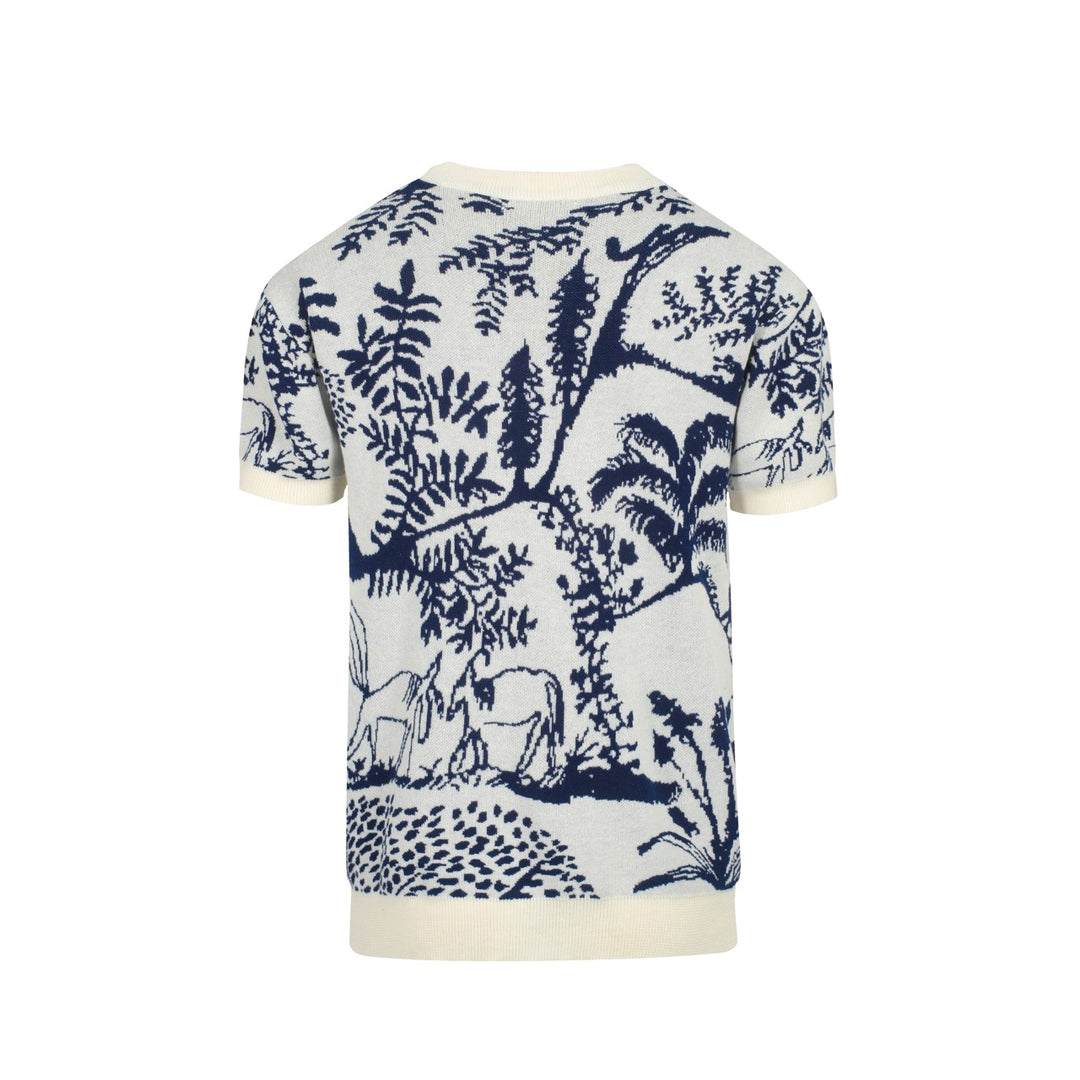 Men's Scenic Pastoral Knit Tee – Blue & Cream Vintage Nature Graphic Shirt