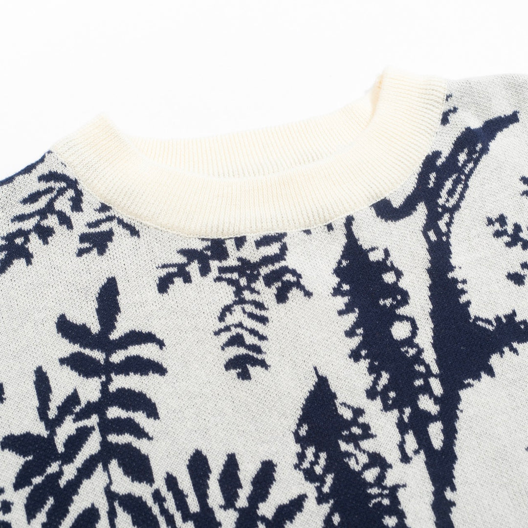 Men's Scenic Pastoral Knit Tee – Blue & Cream Vintage Nature Graphic Shirt