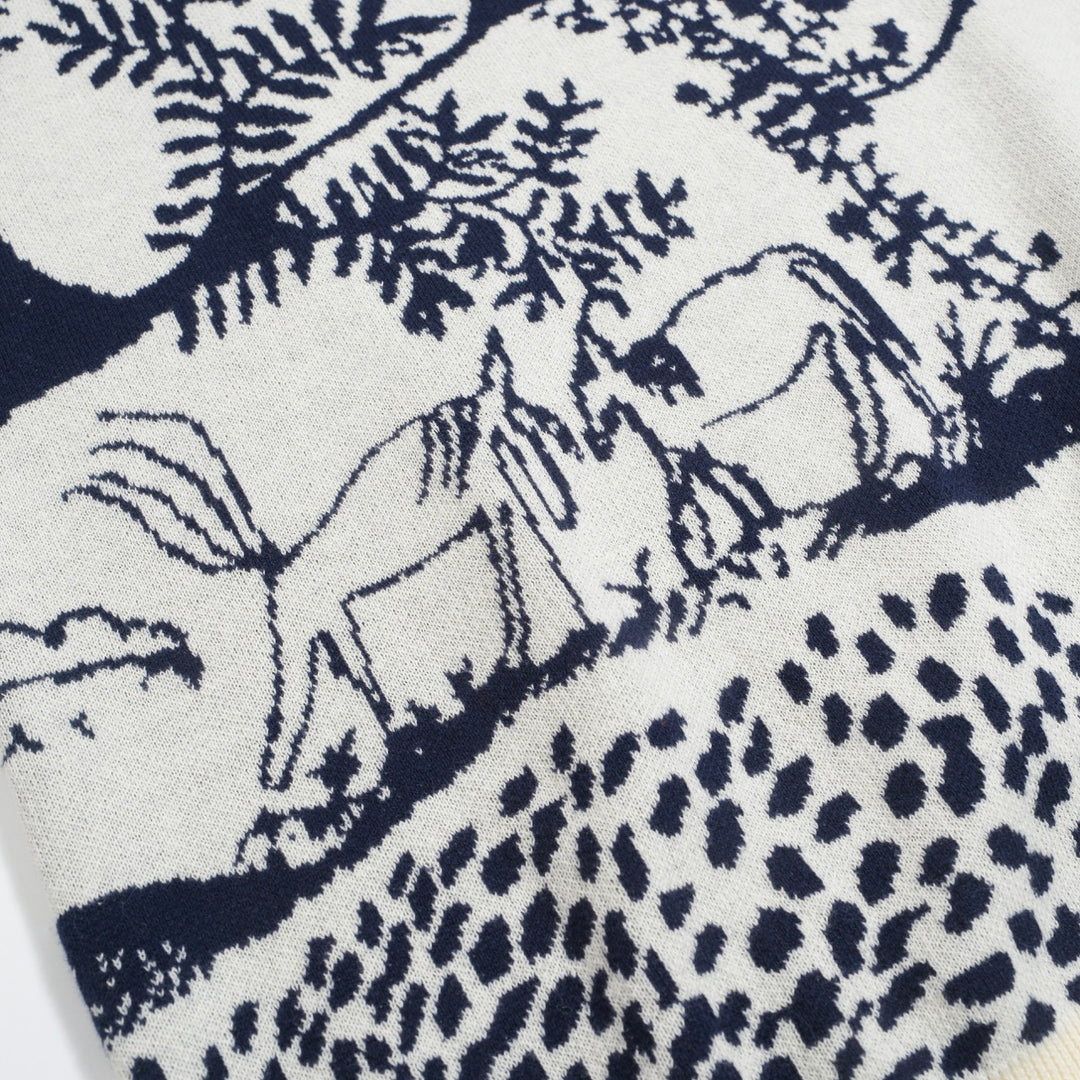 Men's Scenic Pastoral Knit Tee – Blue & Cream Vintage Nature Graphic Shirt