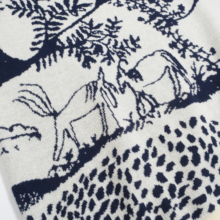 Scenic Pastoral Strick-T-Shirt für Herren – Blau & Cremefarbenes Shirt mit Vintage-Natur-Grafik