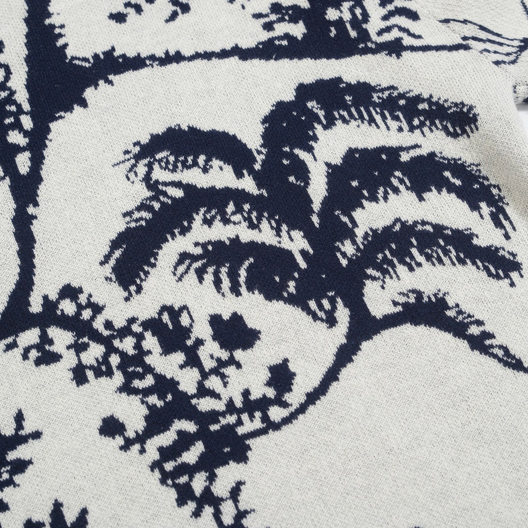 Men's Scenic Pastoral Knit Tee – Blue & Cream Vintage Nature Graphic Shirt