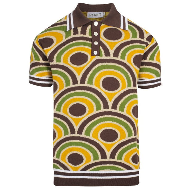 Men's Retro Knit Polo – Vintage Brown Geometric Button-Up Shirt