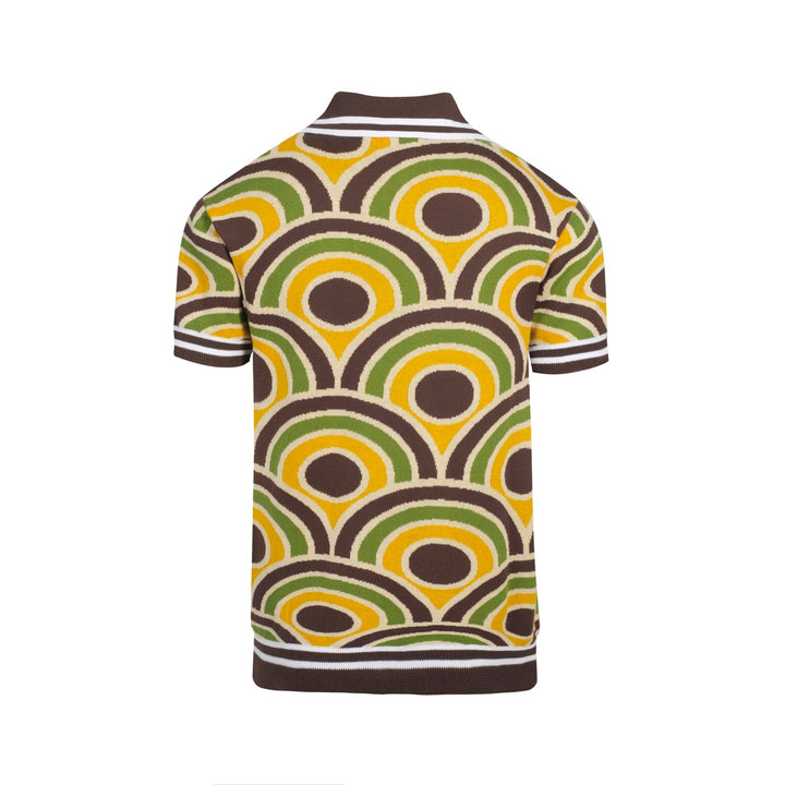 Men's Retro Knit Polo – Vintage Brown Geometric Button-Up Shirt