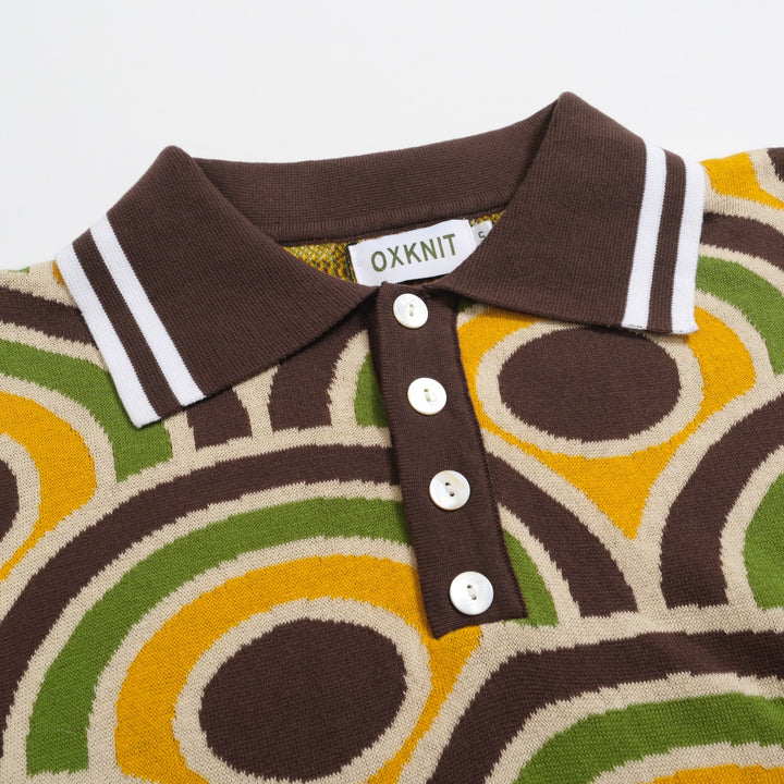 Men's Retro Knit Polo – Vintage Brown Geometric Button-Up Shirt