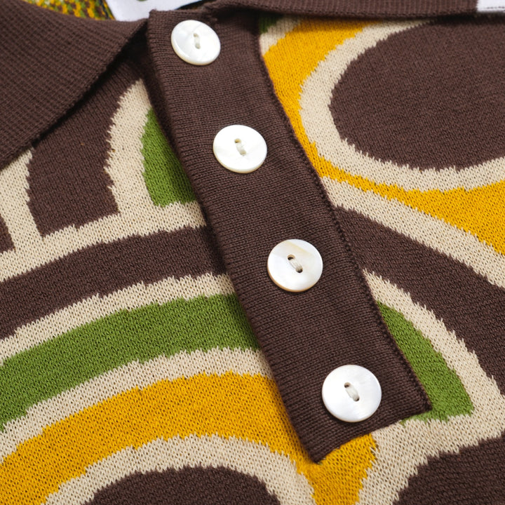 Men's Retro Knit Polo – Vintage Brown Geometric Button-Up Shirt