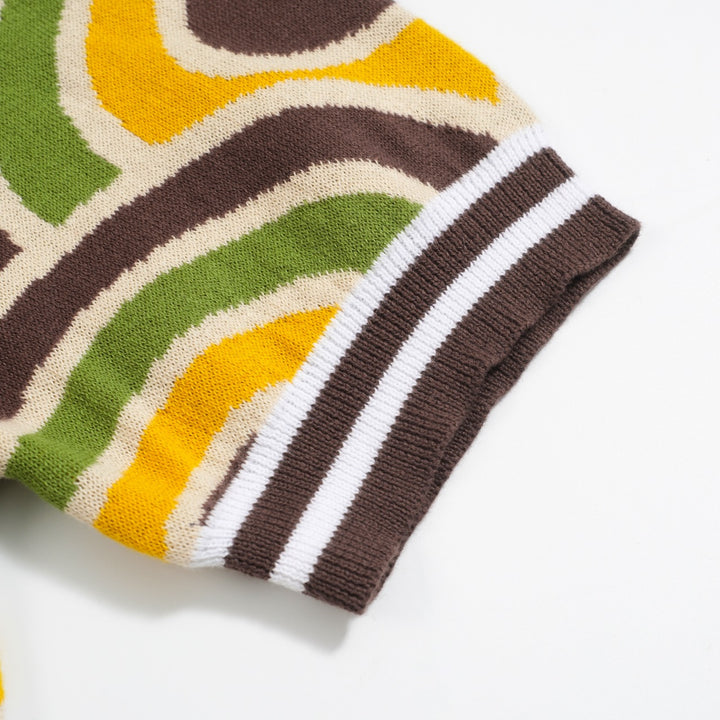 Men's Retro Knit Polo – Vintage Brown Geometric Button-Up Shirt