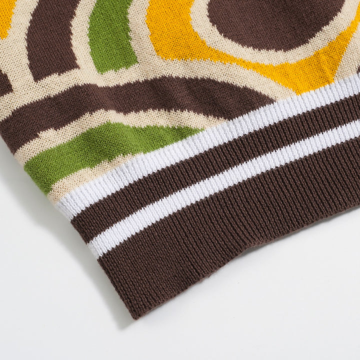 Men's Retro Knit Polo – Vintage Brown Geometric Button-Up Shirt