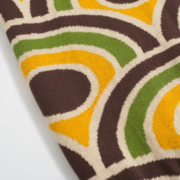 Men's Retro Knit Polo – Vintage Brown Geometric Button-Up Shirt