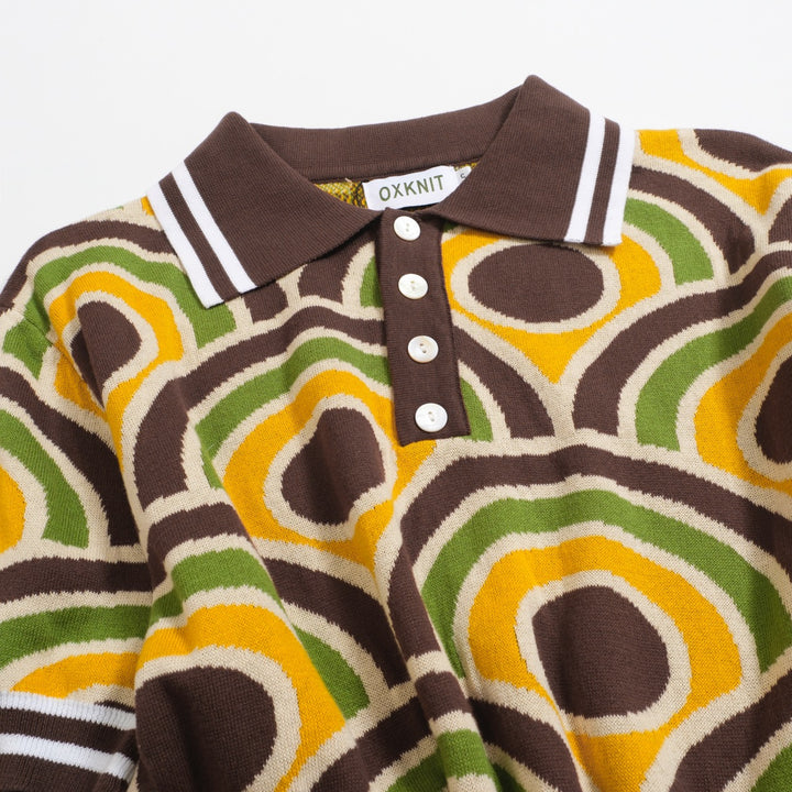 Men's Retro Knit Polo – Vintage Brown Geometric Button-Up Shirt