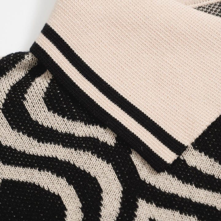 Herren Retro-Strickpolo – Vintage Schwarz & Beiges Hemd mit geometrischem Muster