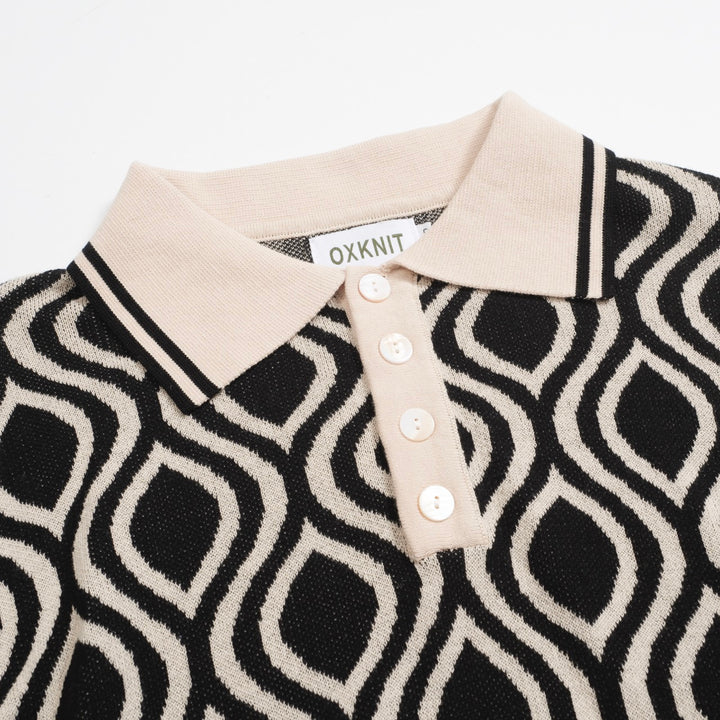 Herren Retro-Strickpolo – Vintage Schwarz & Beiges Hemd mit geometrischem Muster
