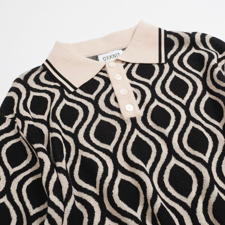 Herren Retro-Strickpolo – Vintage Schwarz & Beiges Hemd mit geometrischem Muster