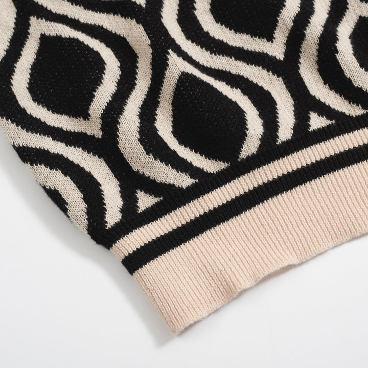 Herren Retro-Strickpolo – Vintage Schwarz & Beiges Hemd mit geometrischem Muster