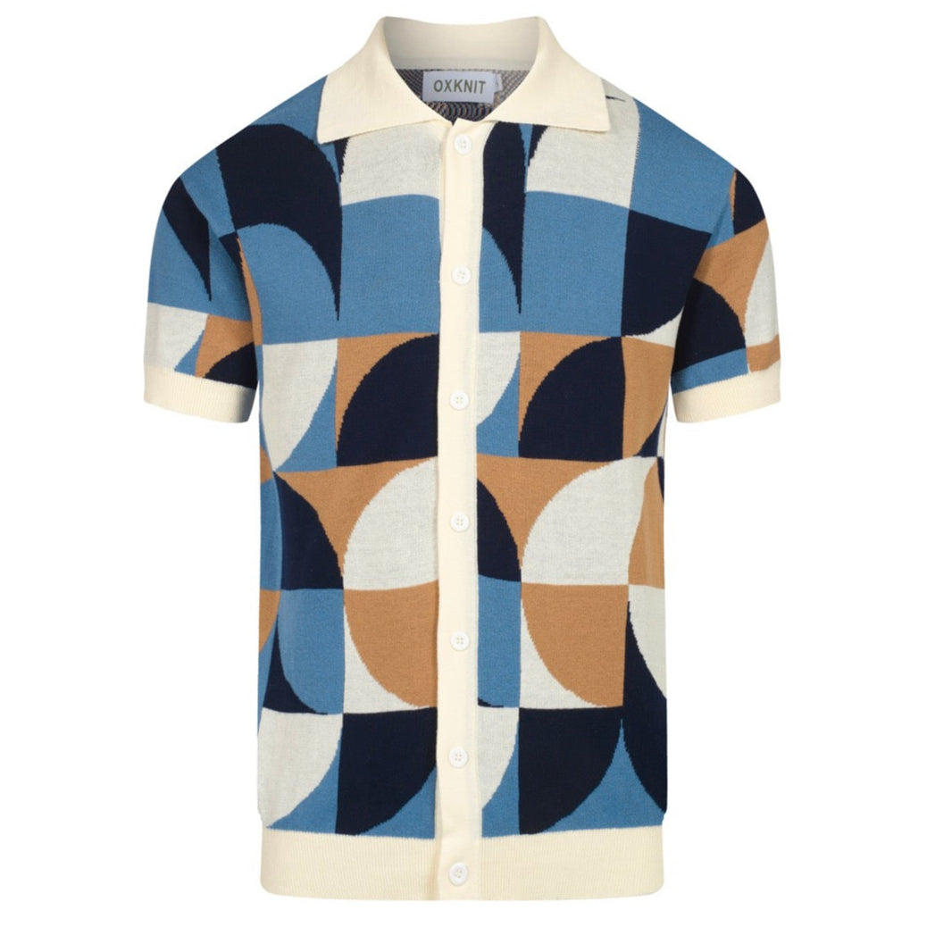 Men's Retro Knit Shirt | Vintage Blue Geometric Button-Up
