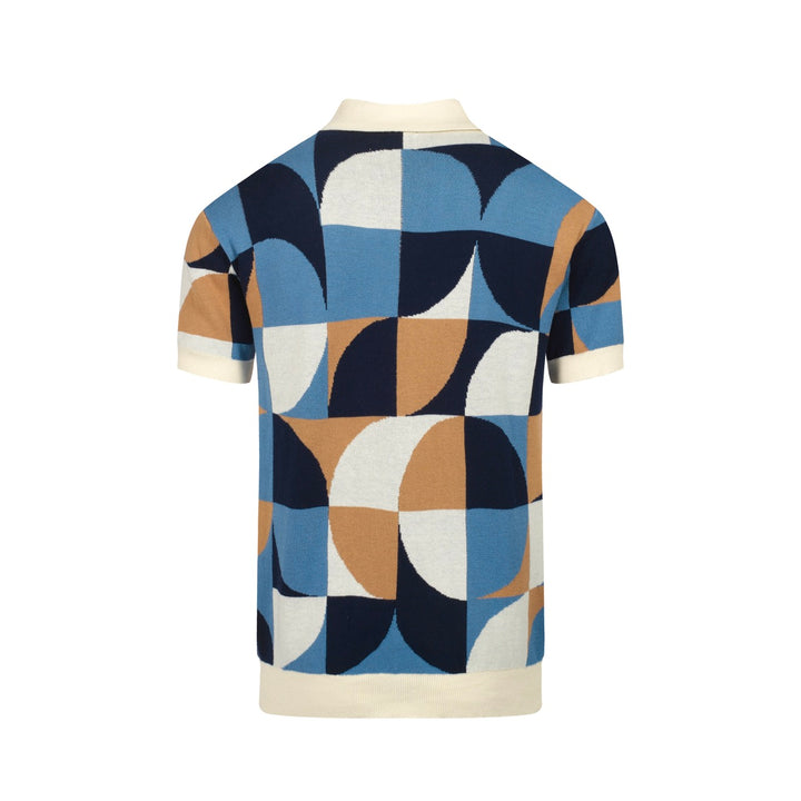 Herren-Retro-Strickhemd – Vintage-blaues, geometrisches Button-Up-Polo