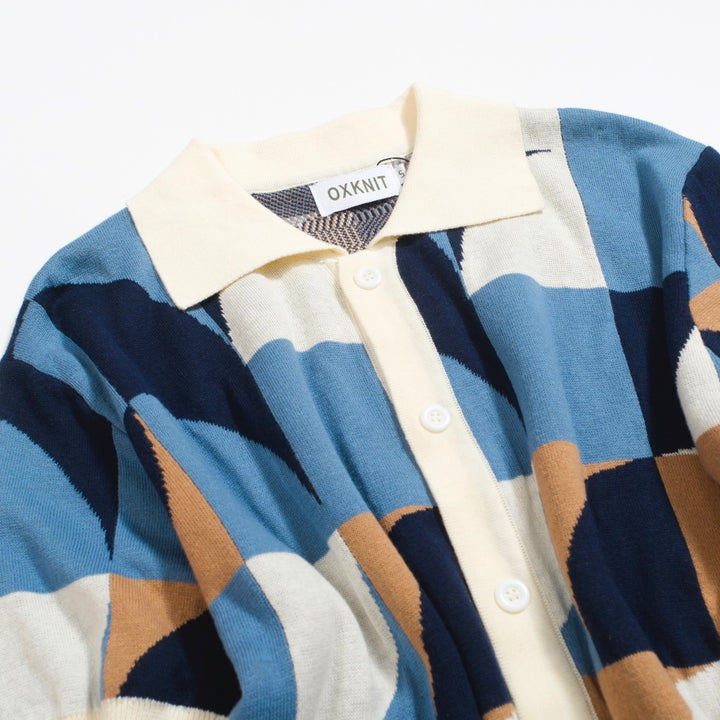 Herren-Retro-Strickhemd – Vintage-blaues, geometrisches Button-Up-Polo