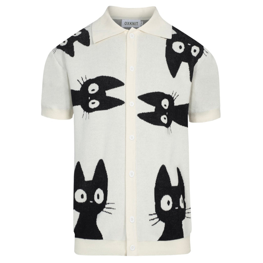 Men’s Retro Knit Shirt – Vintage Cream Button-Up with Black Cat Graphic