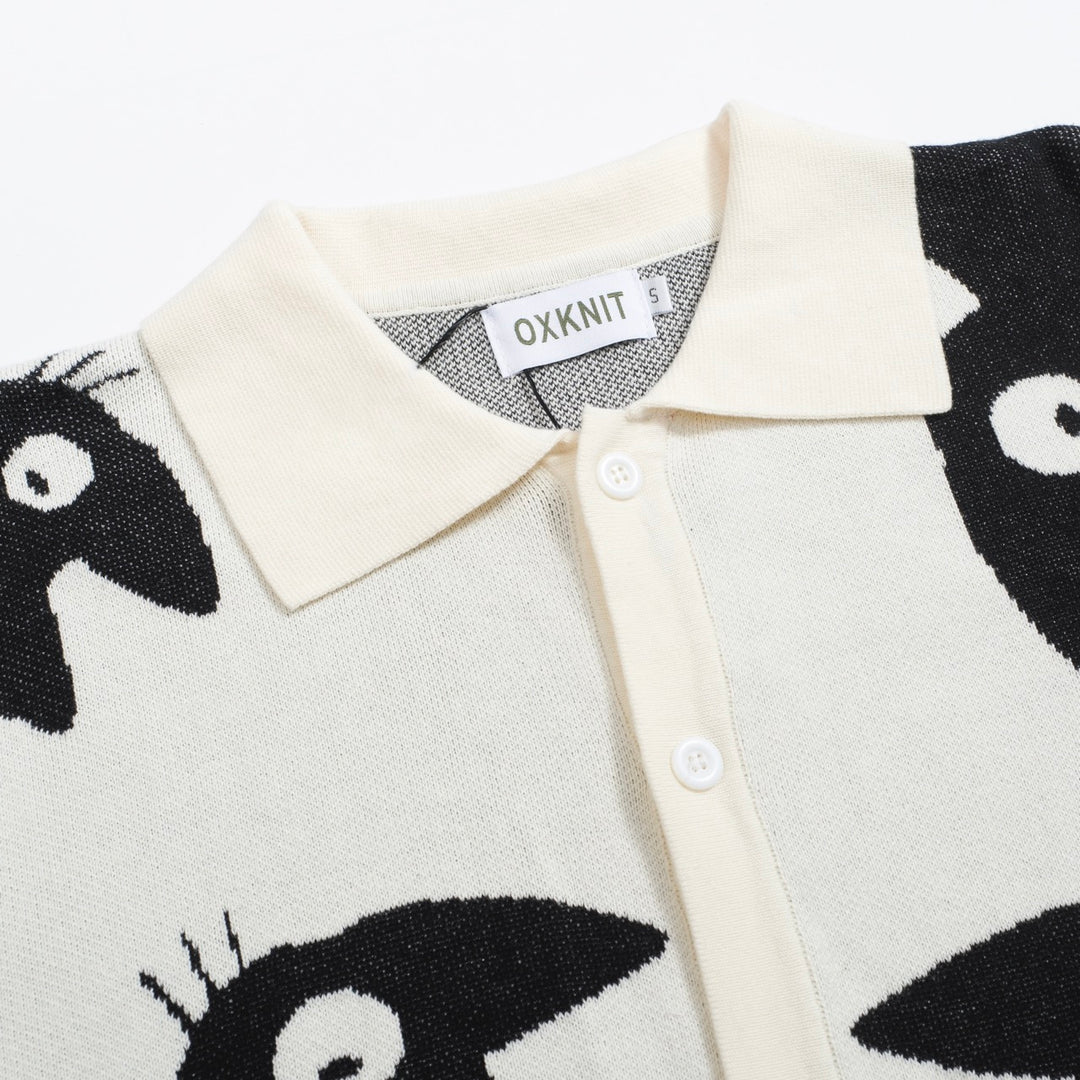 Men’s Retro Knit Shirt – Vintage Cream Button-Up with Black Cat Graphic