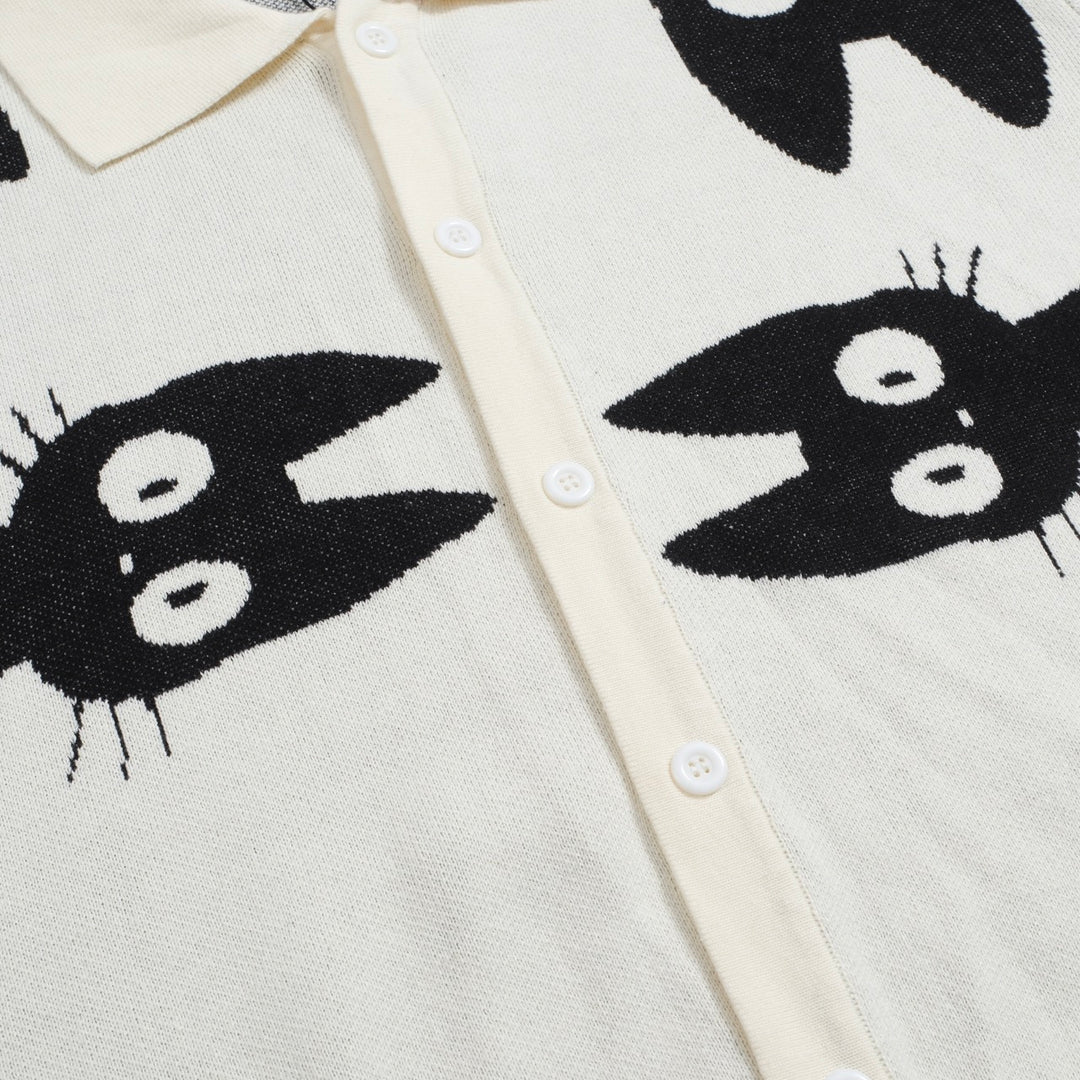 Men’s Retro Knit Shirt – Vintage Cream Button-Up with Black Cat Graphic