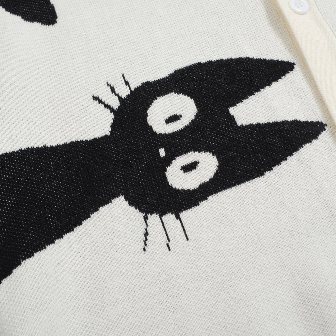 Men’s Retro Knit Shirt – Vintage Cream Button-Up with Black Cat Graphic