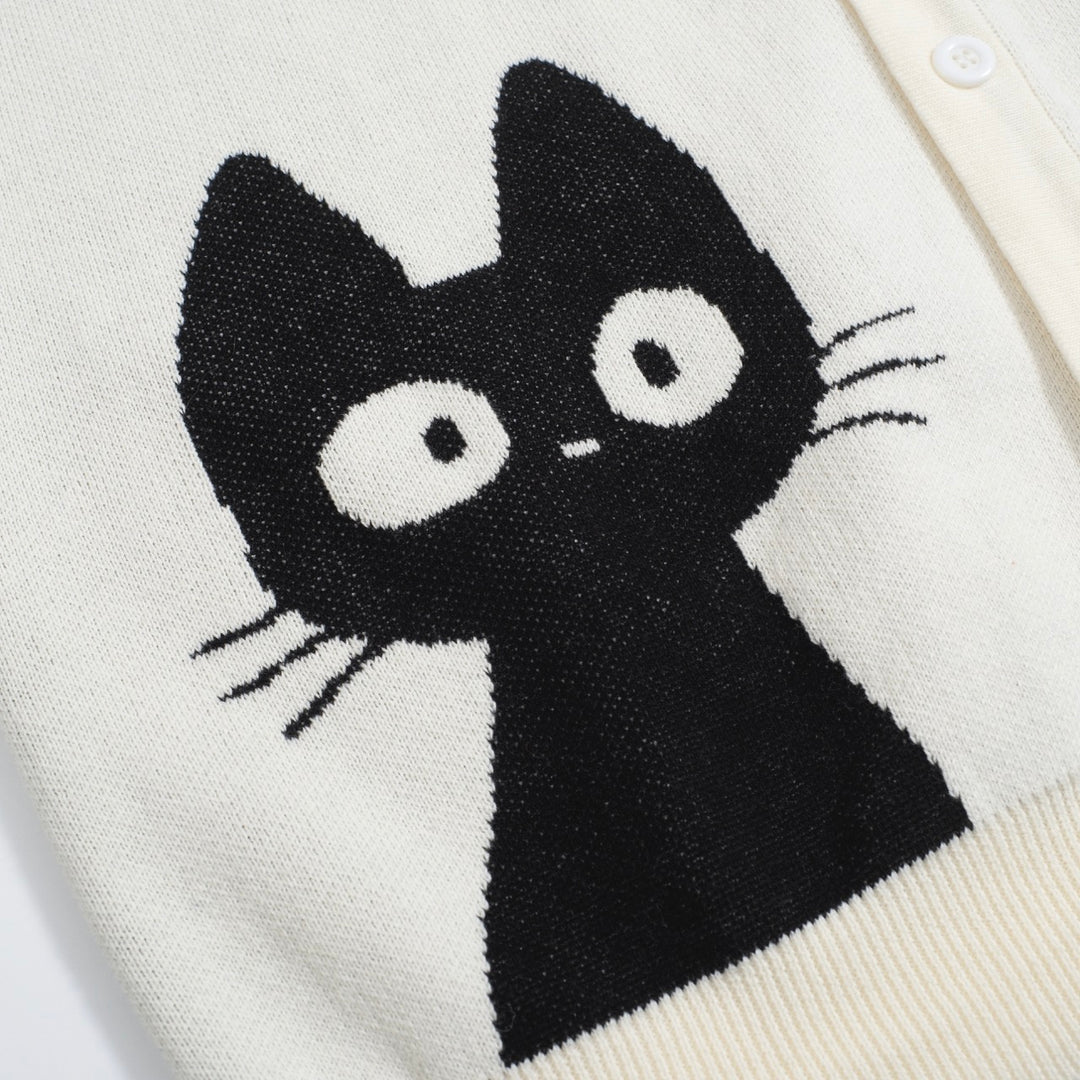 Men’s Retro Knit Shirt – Vintage Cream Button-Up with Black Cat Graphic