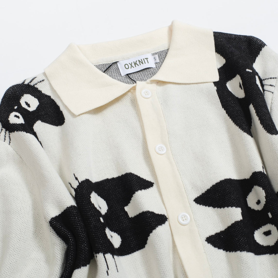 Men’s Retro Knit Shirt – Vintage Cream Button-Up with Black Cat Graphic