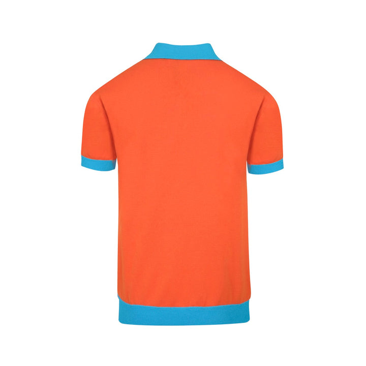 Herren Retro-Strickpolo – Vintage Orange & Blaues Hemd mit geometrischem Muster