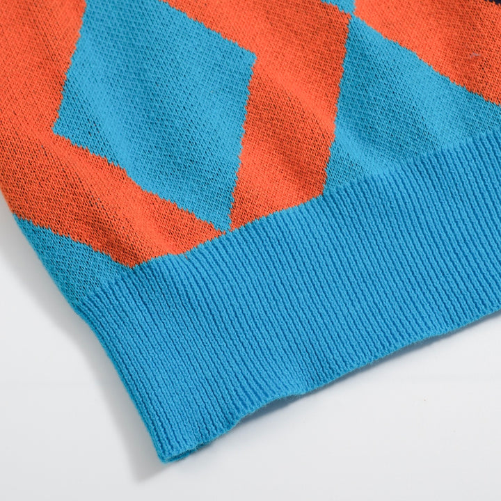 Herren Retro-Strickpolo – Vintage Orange & Blaues Hemd mit geometrischem Muster