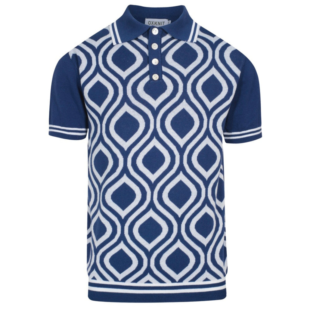 Men's Retro Knit Polo – Vintage Blue & White Geometric Button-Up