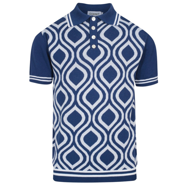 Herren Retro-Strickpolo – Vintage Blau & Weißes Hemd mit geometrischem Muster