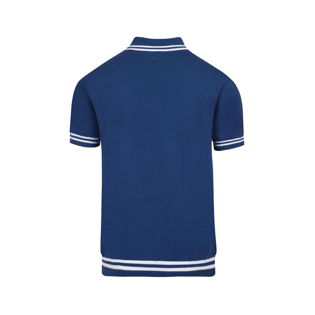 Men's Retro Knit Polo – Vintage Blue & White Geometric Button-Up